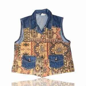Stonebridge Women's Petite S Denim Tapestry Vest Aztec Geometric Vintage